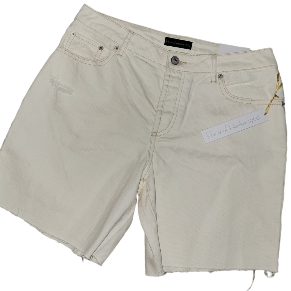 NWT House of Harlow 1960 Off White Denim High Rise Mom Distressed Shorts…